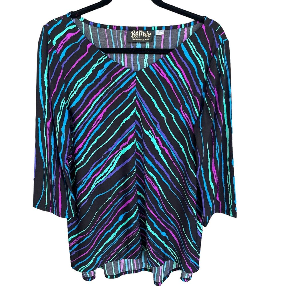 Bob Mackie Womens Blouse Medium Black Striped‎ Wearable Art Artsy 3/4 Sleeve